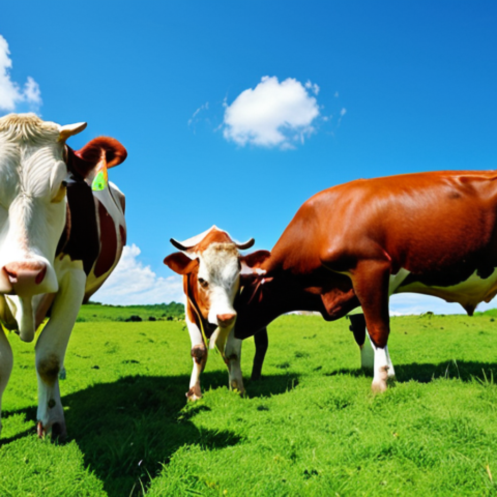 **Prompt:** Happy cows grazing in a lush green pasture, under a bright blue sky. The scene embodies animal welfare and freedom, showcasing a natural and ethical farming environment. Focus on the vibrant colors of nature and the peaceful atmosphere.