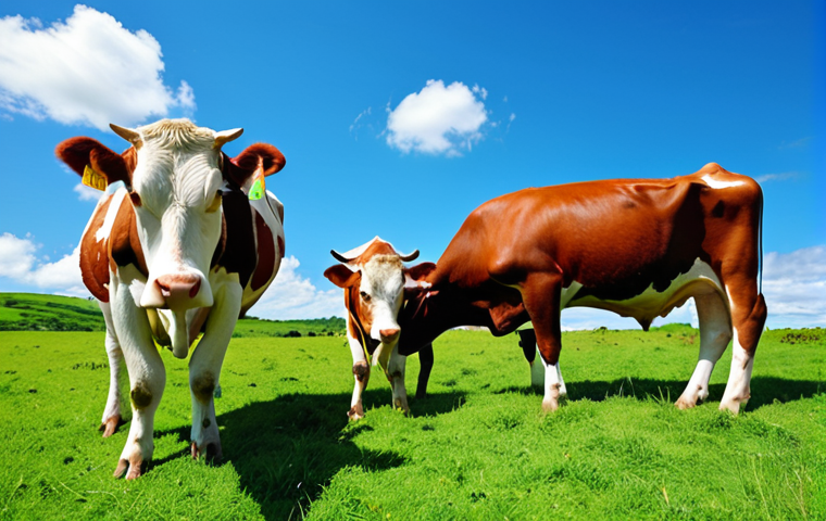 **Prompt:** Happy cows grazing in a lush green pasture, under a bright blue sky. The scene embodies animal welfare and freedom, showcasing a natural and ethical farming environment. Focus on the vibrant colors of nature and the peaceful atmosphere.