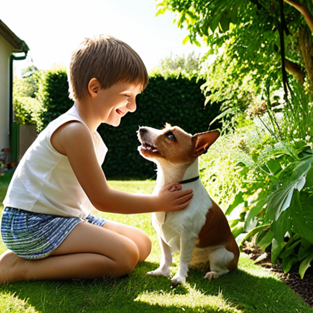 A heartwarming scene of a young child, around seven years old, playing in a sunlit garden with a Jack Russell Terrier named Max. They are both smiling, conveying a deep bond and the importance of empathy in the human-animal relationship. The garden is lush and green, typical of a German backyard.