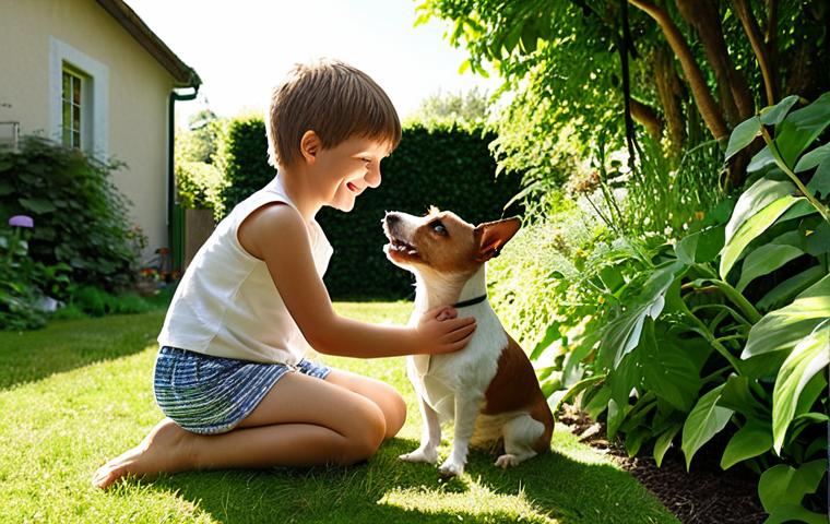 A heartwarming scene of a young child, around seven years old, playing in a sunlit garden with a Jack Russell Terrier named Max. They are both smiling, conveying a deep bond and the importance of empathy in the human-animal relationship. The garden is lush and green, typical of a German backyard.