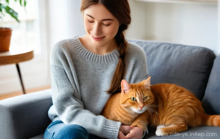 비인간 생명체와의 관계에서의 감정적 소통 방법 - **Prompt: Peaceful Connection with a Feline Companion**
"A young woman, approximately 20 years o...