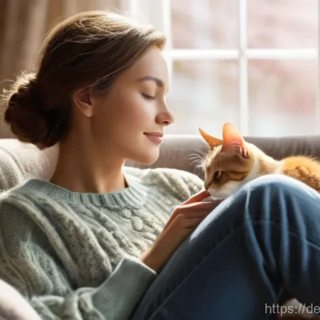 비인간 생명체와의 상호작용이 인간에게 주는 긍정적 영향 - **Prompt:** A cozy indoor scene featuring an adult woman (mid-30s, dressed in comfortable, modest lo...