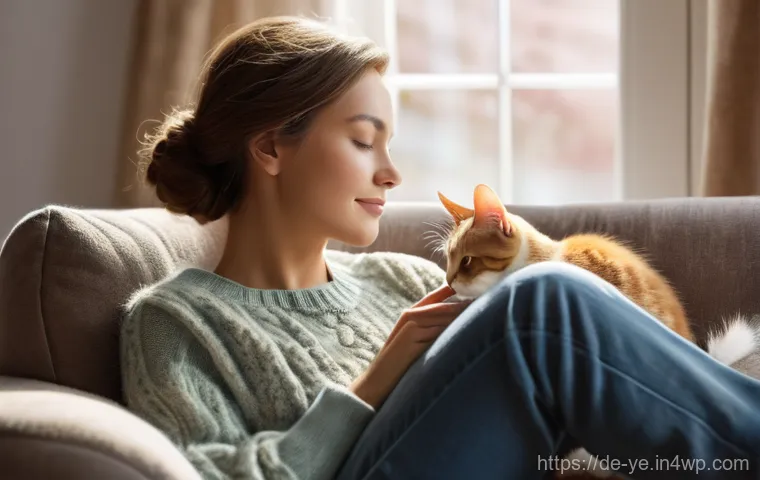 비인간 생명체와의 상호작용이 인간에게 주는 긍정적 영향 - **Prompt:** A cozy indoor scene featuring an adult woman (mid-30s, dressed in comfortable, modest lo...