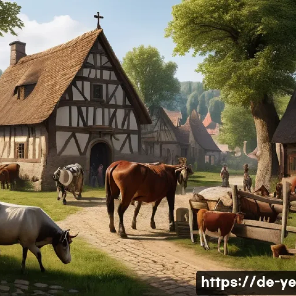 비인간 생명체와 인간의 관계 재설정의 역사적 배경 - A detailed medieval European village scene showing humans and farm animals interacting in daily life...