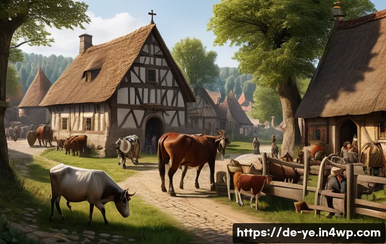 비인간 생명체와 인간의 관계 재설정의 역사적 배경 - A detailed medieval European village scene showing humans and farm animals interacting in daily life...
