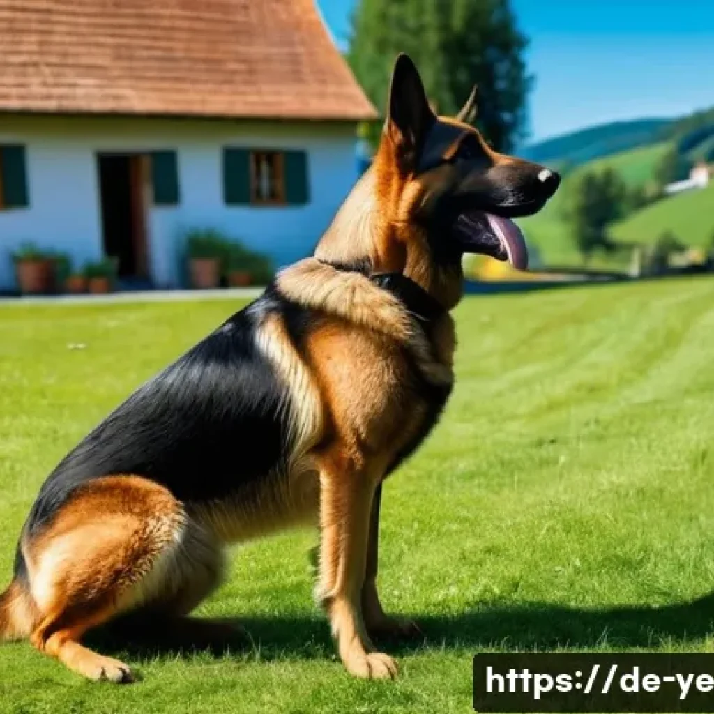 비인간 생명체와의 관계에서의 의사소통의 중요성 - A calm, friendly German Shepherd dog standing in a sunlit rural farmyard, tail held high to express ...