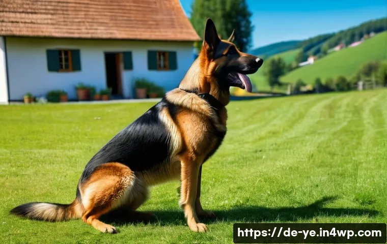 비인간 생명체와의 관계에서의 의사소통의 중요성 - A calm, friendly German Shepherd dog standing in a sunlit rural farmyard, tail held high to express ...