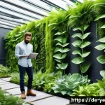 비인간 생명체와의 협업을 위한 플랫폼 소개 - A futuristic urban garden scene in Berlin featuring diverse green plants equipped with glowing bioel...