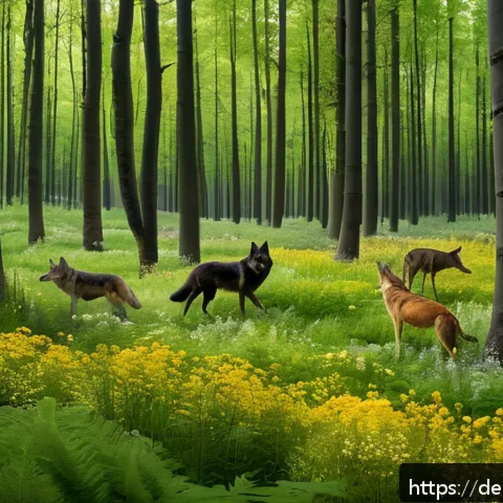 동물 복지와 비인간 생명체의 생태적 역할 - A vibrant European forest scene showcasing a healthy ecosystem with wild animals such as wolves, dee...
