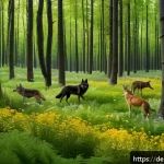 동물 복지와 비인간 생명체의 생태적 역할 - A vibrant European forest scene showcasing a healthy ecosystem with wild animals such as wolves, dee...