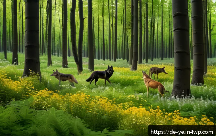 동물 복지와 비인간 생명체의 생태적 역할 - A vibrant European forest scene showcasing a healthy ecosystem with wild animals such as wolves, dee...