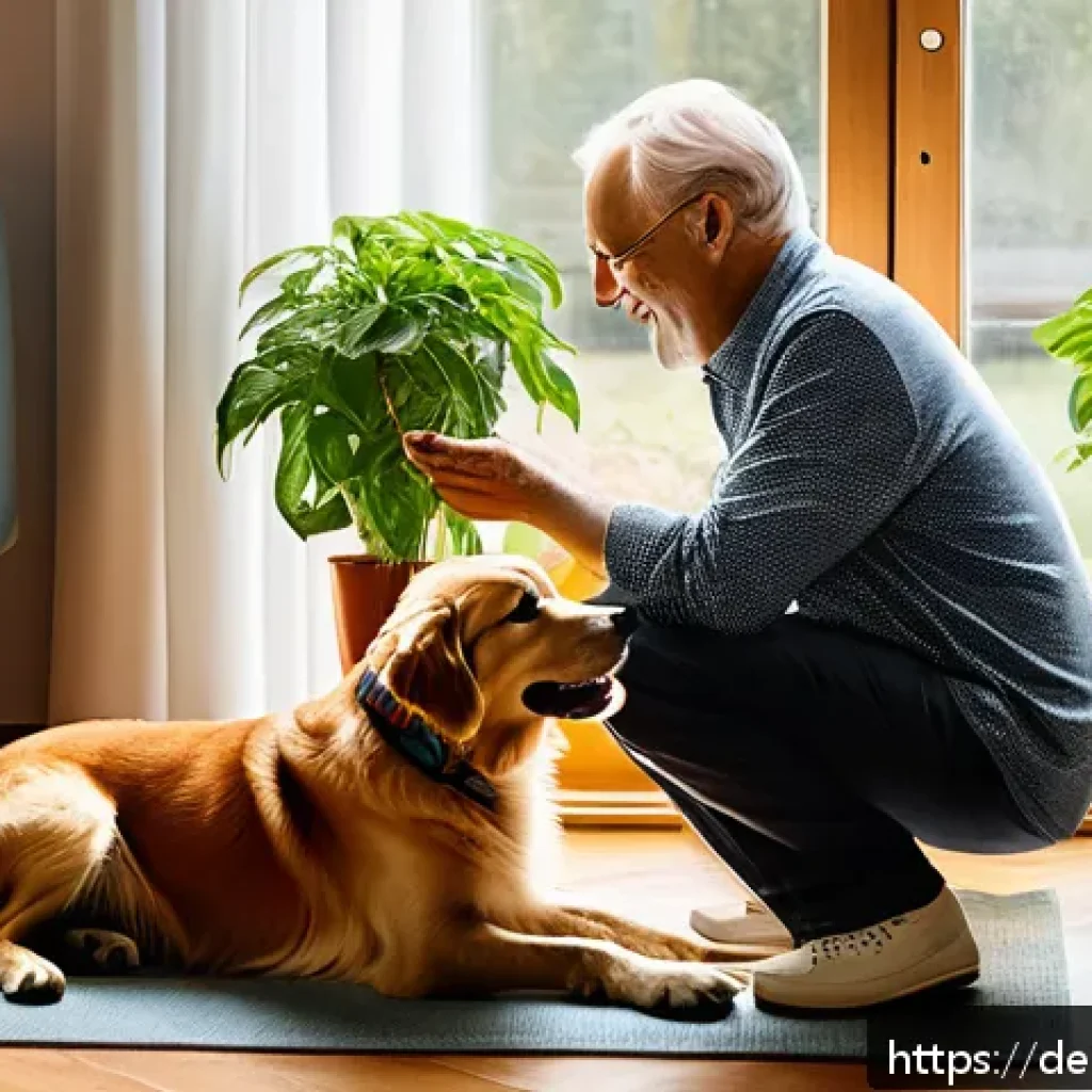 비인간 생명체와의 관계에서의 감정 공유의 중요성 - A heartwarming morning scene in a cozy German home where a middle-aged man gently greets his joyful ...