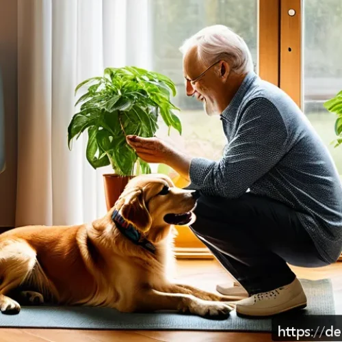 비인간 생명체와의 관계에서의 감정 공유의 중요성 - A heartwarming morning scene in a cozy German home where a middle-aged man gently greets his joyful ...