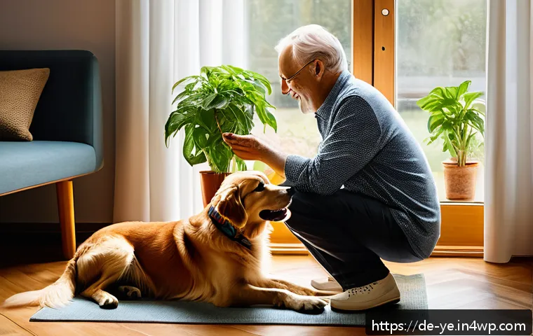 비인간 생명체와의 관계에서의 감정 공유의 중요성 - A heartwarming morning scene in a cozy German home where a middle-aged man gently greets his joyful ...