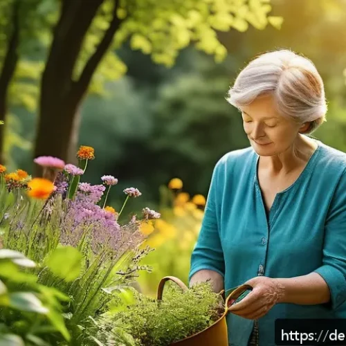 비인간 생명체와의 관계에서의 정서적 지능의 중요성 - A serene garden scene in a German countryside setting during spring, showing a middle-aged woman gen...