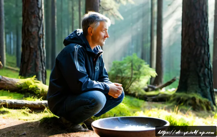 비인간 생명체와의 관계에서의 갈등 해결 방법 - Photorealistic scene of a German wildlife mediator in practical outdoor clothing calmly sitting at a...